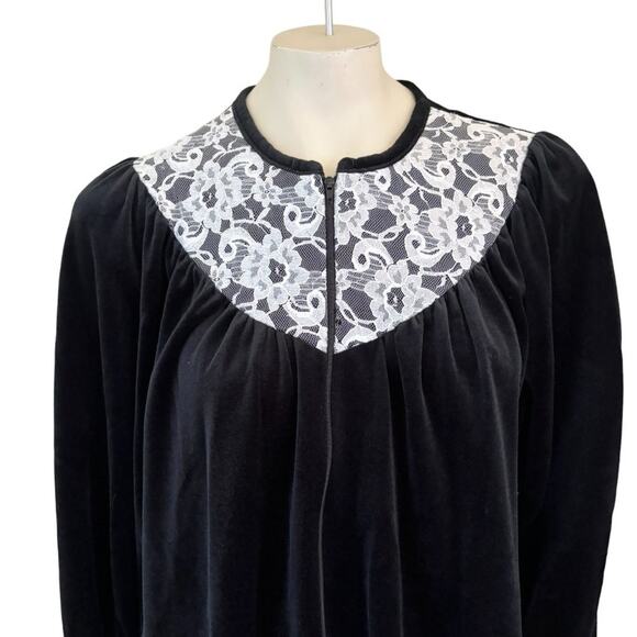 VTG ANNE LESLIE Floral Lace Bib Black Velvet Half Zip Full Length Robe SZ XL - Picture 1 of 11